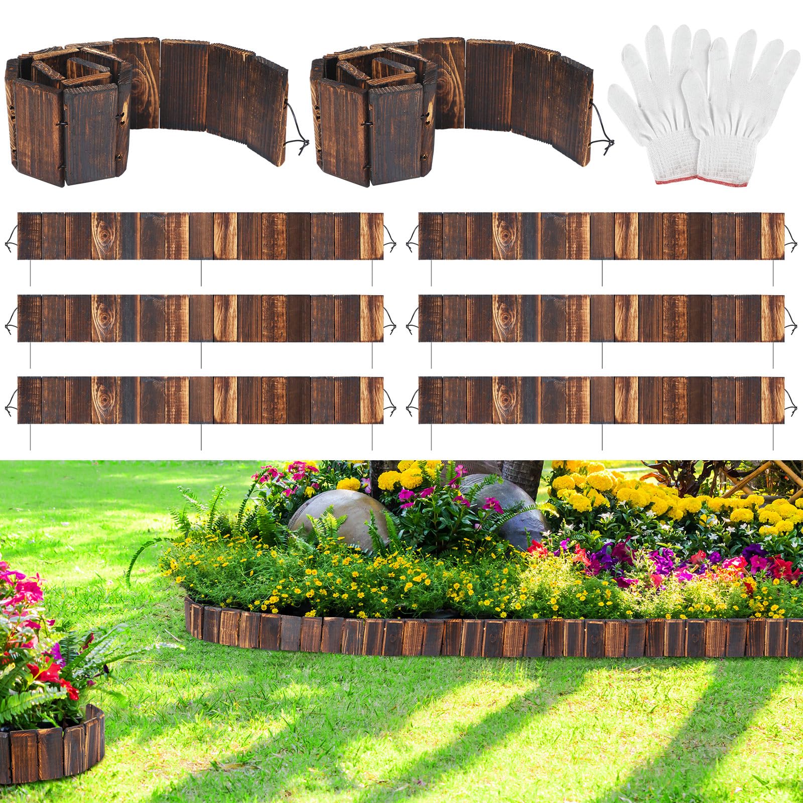 Photo 1 of Suzile 8 Pcs Wooden Garden Edging Border 4 x 30 Inch Wood Landscape Edging with Gloves 10ft Flexible Bed Grass Weed Barrier for Decorative Lawn Yard Patio Driveway Pathway Tree Fences