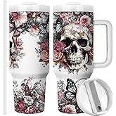 Equoza Horror Gifts Idea for Men 40oz Gothic Skulls Stainless Steel Travel Mug Tumbler with Handle, Double Wall Vacuum Insulated Cup with Lid and Straw (Pack of 1)