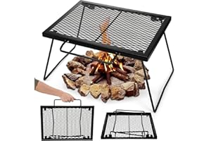 Elsjoy Folding Campfire Grill Grate with Carrying Handle, Portable Camping Grill Over Fire Mesh Grate, Heavy Duty Steel Grate