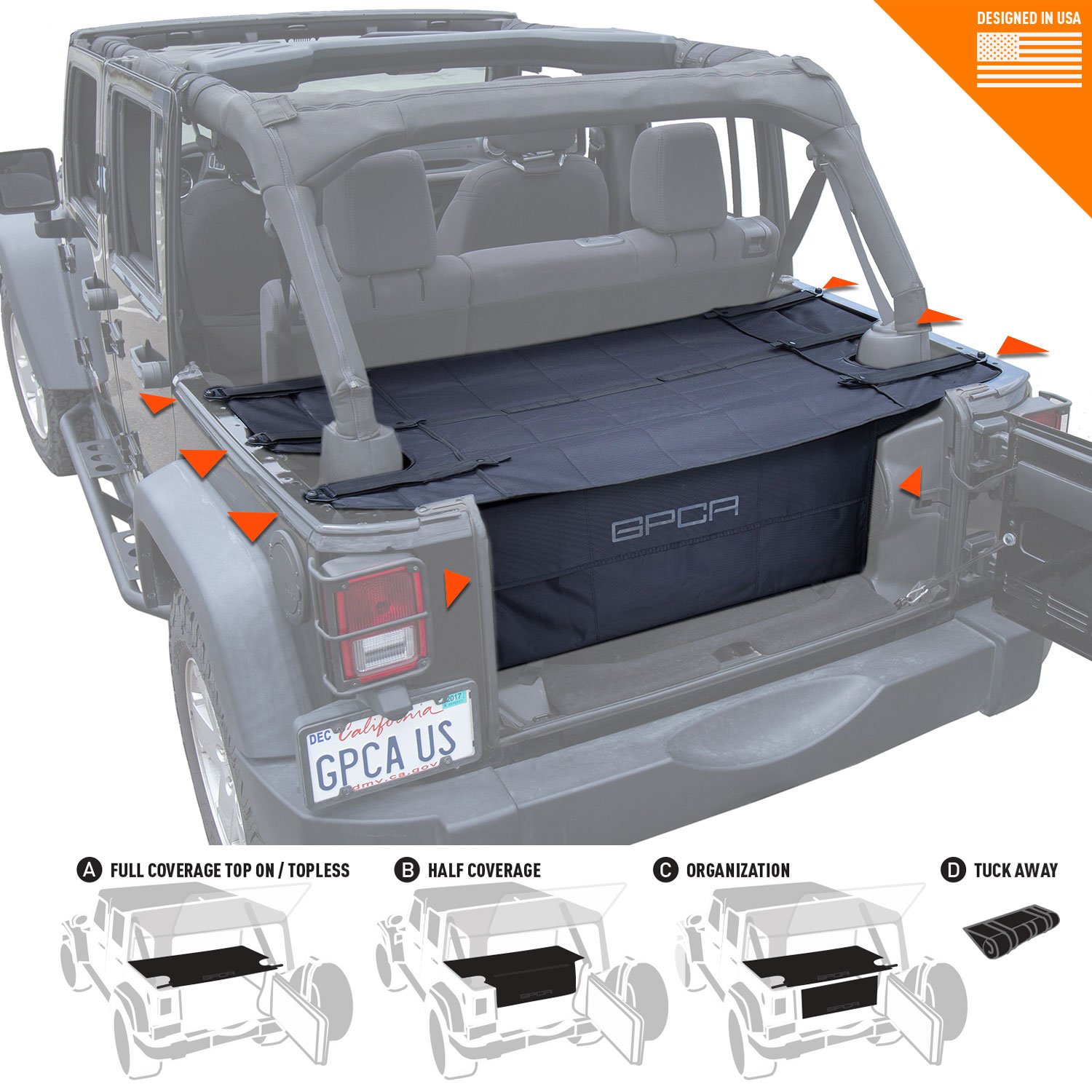 For Jeep Wrangler Sports Sahara Freedom Rubicon 2007 2018 Models Gpca Cargo Cover Pro And Cargo Organizer Freedom Pack For Top On Topless Jeep Wrangler Jku 4dr Freedom Pack Automotive Tonneau Covers