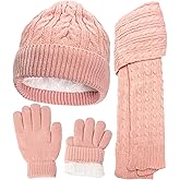 Kids Girls Winter Hat Gloves Set-Toddler Girls Boys Fleece Lined Beanie Hat and Gloves with Kint Neck Long Scarf
