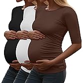 Riyiper 3 Pack Women's Maternity Cotton T Shirt Ribbed Half Sleeve Tunic Round Neck Side Ruched Tops Casual Pregnancy Clothes