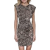 DKNY Women's Sleeveless Jewel Neck Chain Belt Mini Dress with Shoulder Pads