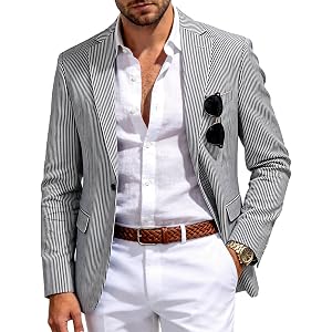 MOGU Men Seersucker Blazer Casual Summer Beach Blazers Slim fit Jackets Sport Coats Mens Wedding Prom Tuxedo Blazers