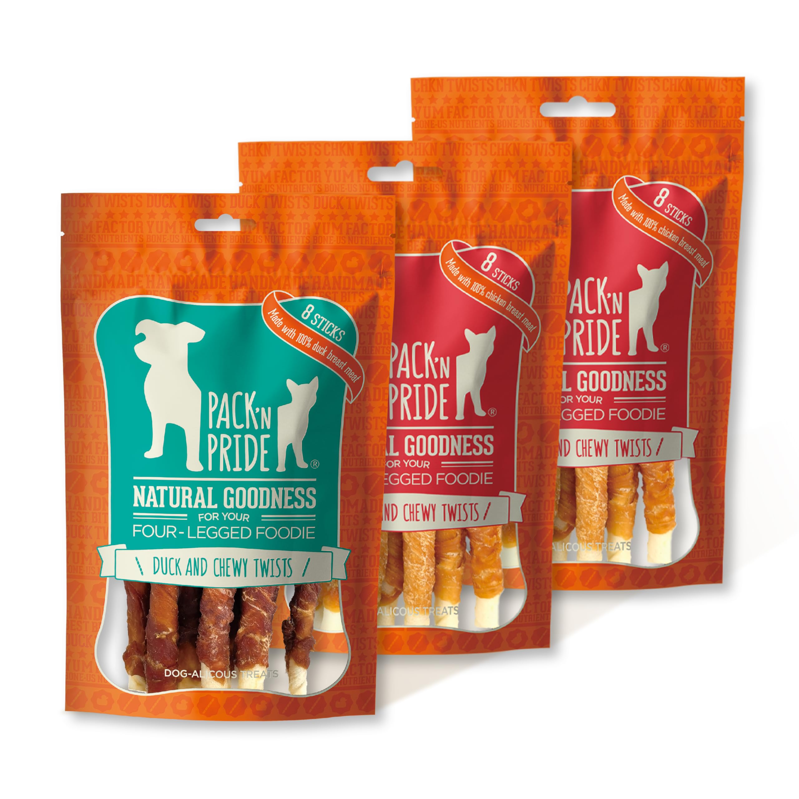 PACK'N PRIDE Dog Treats with Chicken & Duck, 3 Pack*90g=270g, Rawhide Dog Chews, Low-Fat, and High in Protein for Small&Medium Dogs