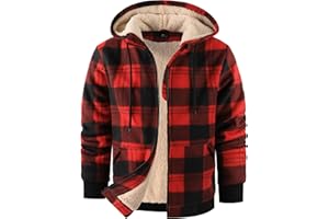WENTTUO Mens Plaid Hoodies Winter Zip Up Fleece Jacket Sherpa Fleece Lined Warm Flannel Jacket Coat