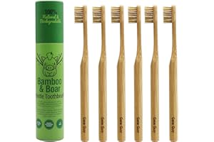 Gaia Guy Natural Bristle Bamboo Toothbrush (NO Nylon - Boar Hair ONLY) - Totally Compostable & Biodegradable Boar Bristle and Bamboo Toothbrushes - Zero Waste - 6-Pack