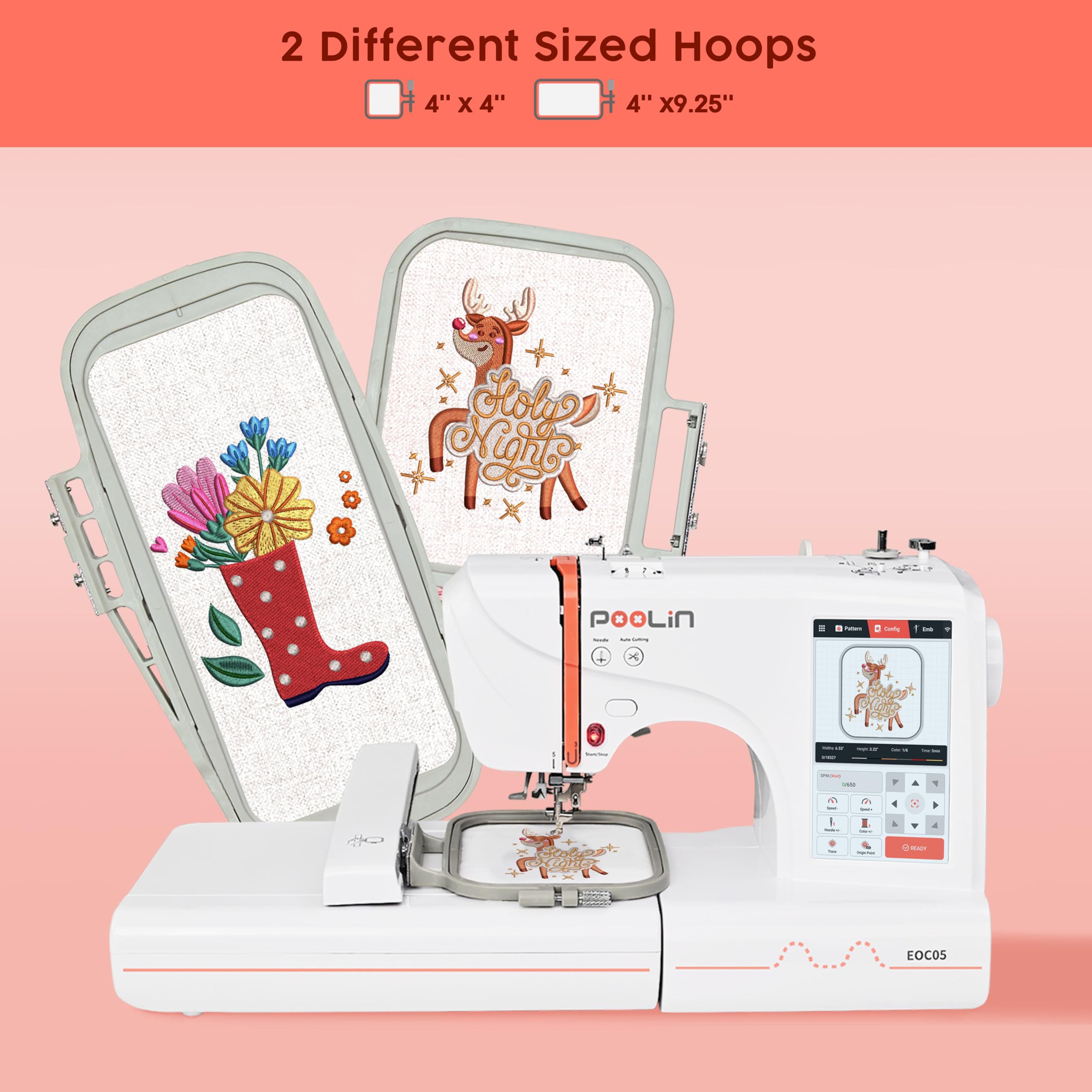 Poolin EOC05 Embroidery Machine Maximum embroidery area 4x9.25inch, 7 Inch Touch Screen Comes with WiFi Design Transfer, Includes All Accessories Supplies and Training for Beginners