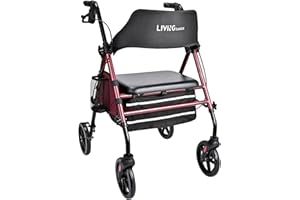 LIVINGbasics Folding Walker with Seat,4-Wheels Rollator with Under-Seat Storage Bag, Adjustable Handle Height, Locking Hand B