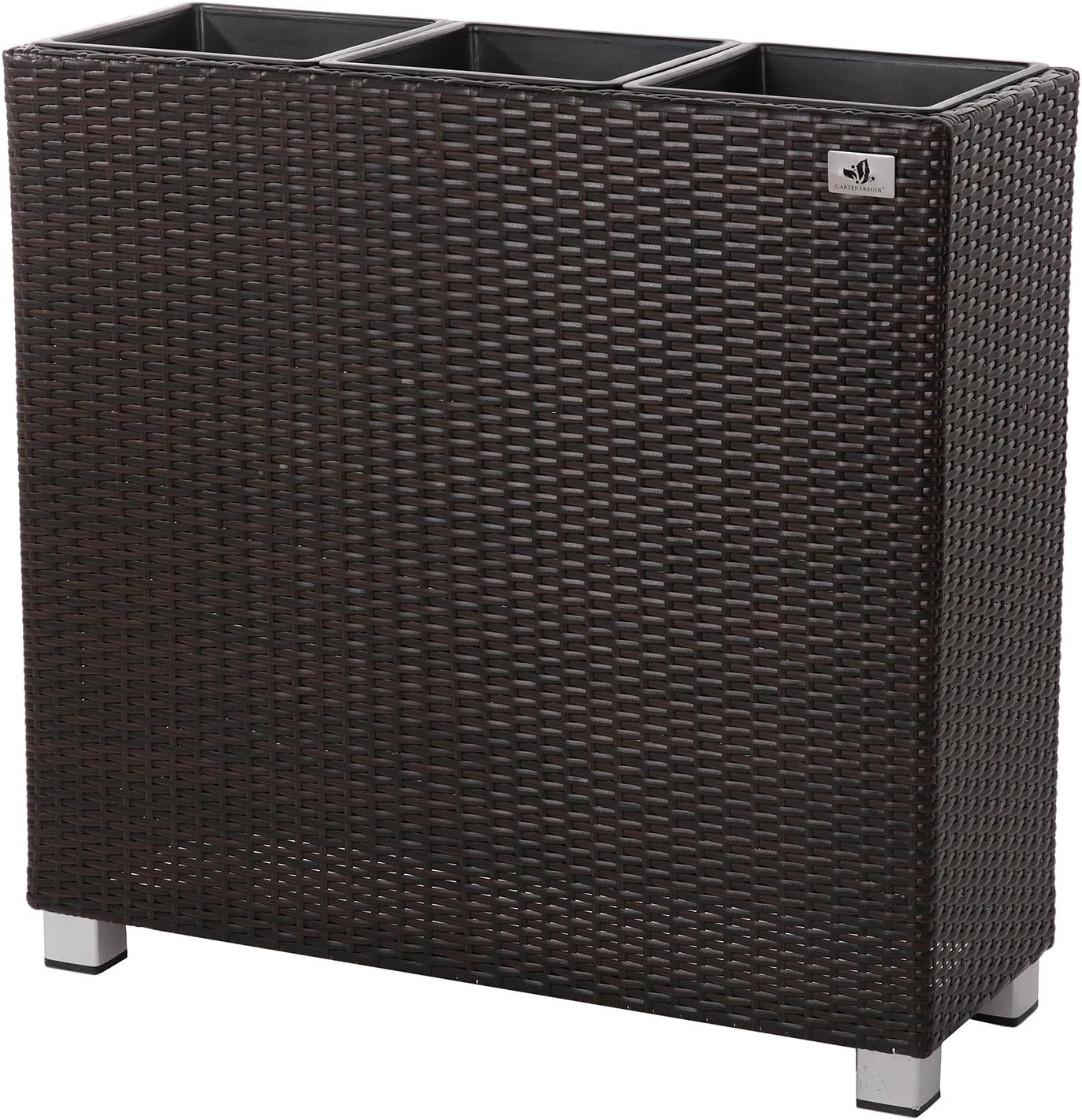 Gartenfreude 76 x 26 x 73 cm Poly Rattan Planter Partition with Aluminium Feet and 3 Plastic Inserts for Indoors and Outdoors - Bi-Colour Brown