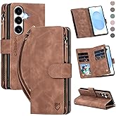 CAESBON for Samsung Galaxy S25-Wallet Case: for Galaxy S24 Case with RFID Blocking Card Slots (6 Cards) | Soft PU Leather Magnetic Snap Zipper Pocket | Wrist Strap Protective Phone Cover -Brown