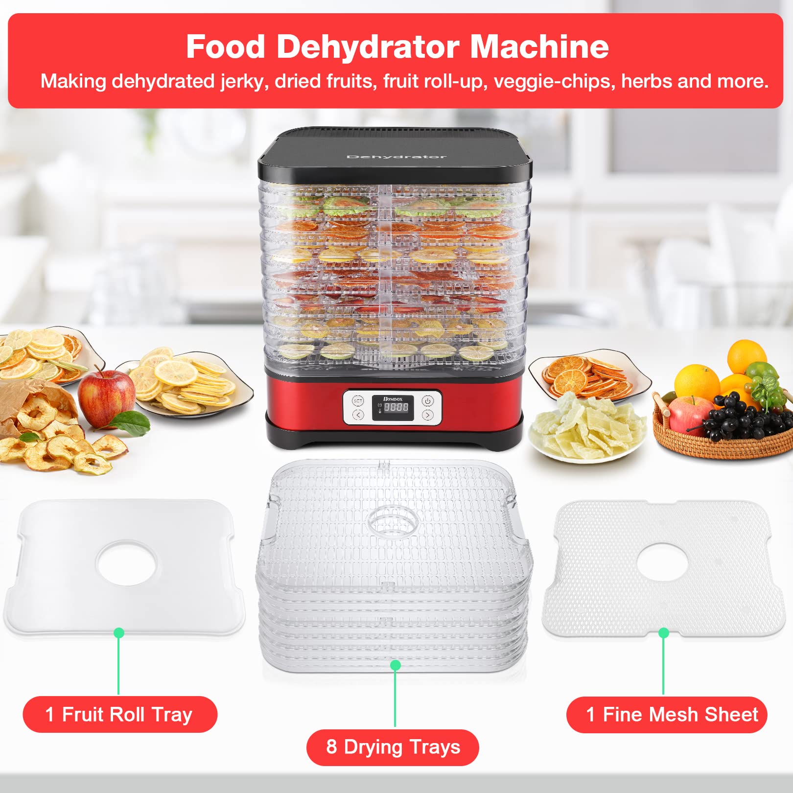 Homdox 400W Food Dehydrator Machine - Electric Dehydrator for Jerky, Meat, Fruits, Herbs & Dog Treats | 8 BPA-Free Trays, Adjustable Temp (95°F-158°F) & 72H Timer | Includes Fruit Roll Sheet (Red)