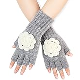 JENSVOIR Fingerless Gloves for Women - Rose Winter Warm Knitted Half Finger Gloves Stretchy Mittens for Working Driving