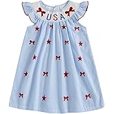 Ayalinggo Toddler Baby Girl 4th of July Smocked Dress USA Bow Embroidered Sleeveless Dresses Kids Fourth of July Clothes