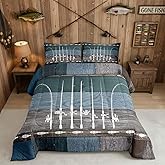 Erosebridal Fishing Quilt Fishing Pole Queen Comforter Set Fishing Gifts for Men,Vintage Patchwork Wood Bedding Comforter Sets Go Fish Duvet Insert,Angle Hook Accessories Rustic Home Decor,Grey Blue