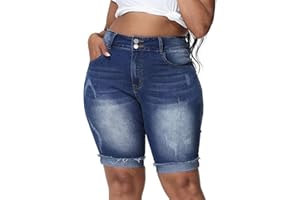 Gocolloa Womens Plus Size Jean Shorts Stretchy High Waisted Ripped Roll Hem Denim Bermuda Shorts 10" Inseam