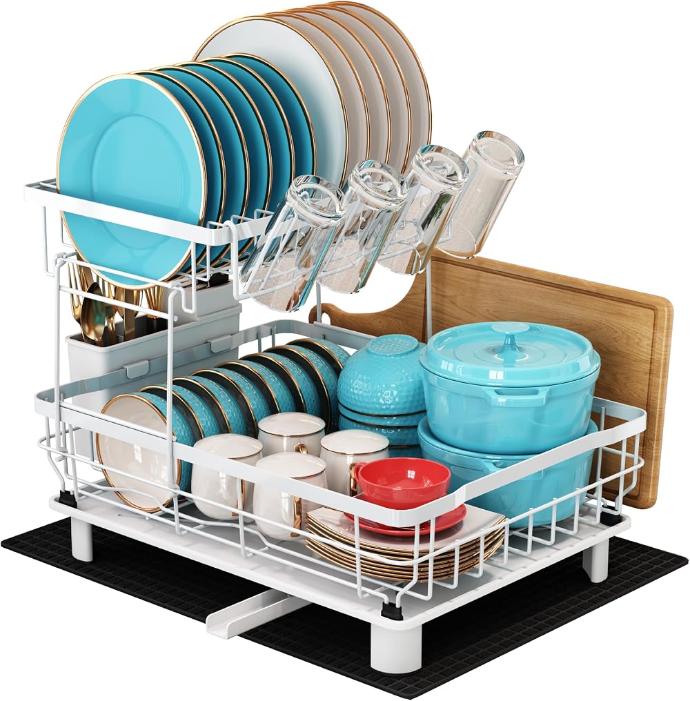 MAJALiS Dish Drying Rack 2-Tier with Drip Tray Utensil Holder White