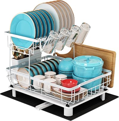 MAJALiS Dish Drying Rack 2-Tier with Drip Tray Utensil Holder White