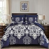Mybedsoul 7 Pieces Navy Blue Comforter Set King Size, Damask Bed in a Bag for King Bed, Lightweight Microfiber Boho Bedding Sets with Comforter, Sheet, Pillowcases & Shams for All Season(90"x104")