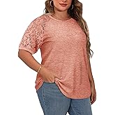 HDLTE Plus Size Tops for Women Summer Round Neck Casual Shirts Lace Short Sleeve Tees Blouse