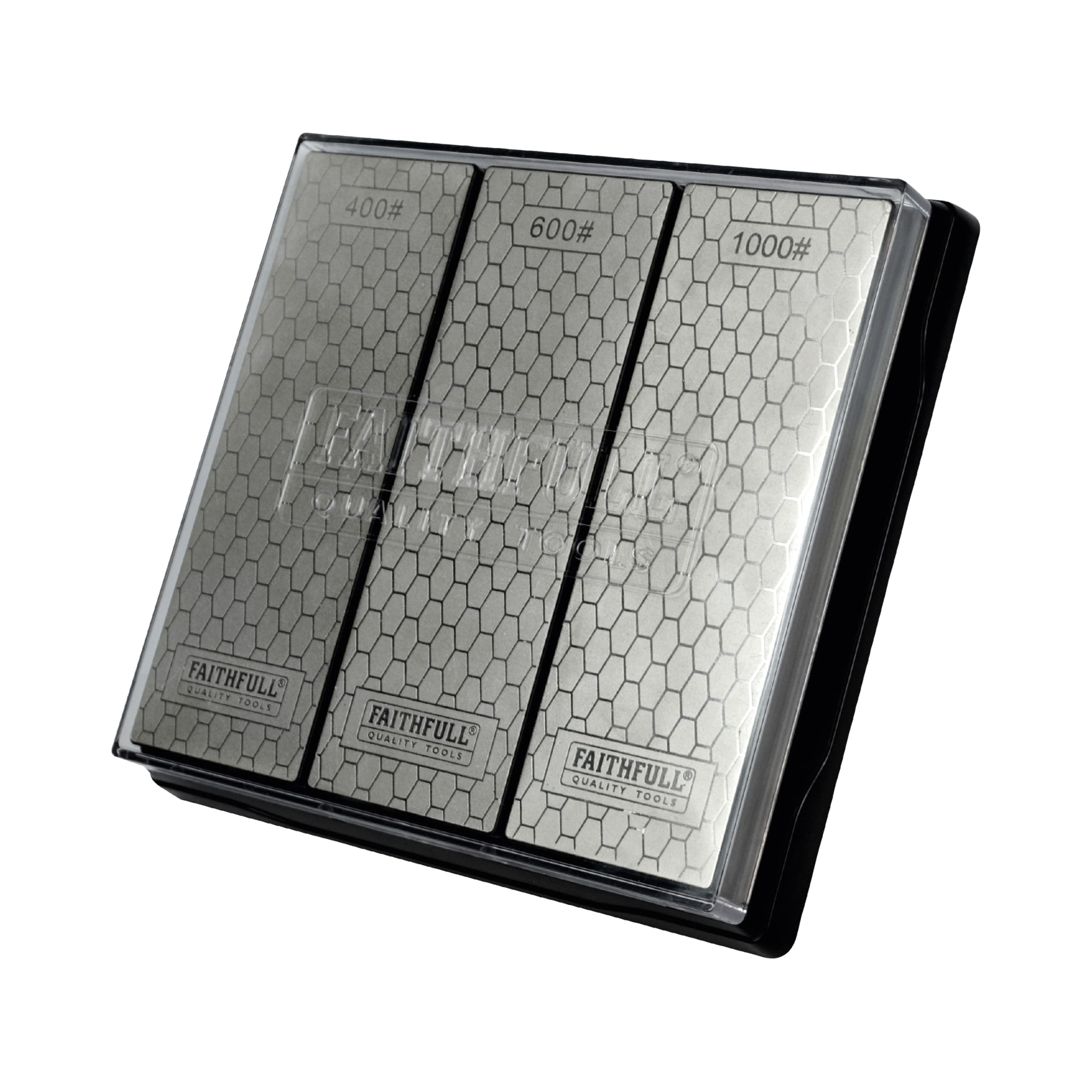 Faithfull Diamond Whetstone Kit – 3-in-1 Sharpening System with 400G / 600G / 1000G Grit Stones for Knives, Chisels, Scissors & Cutting Tools