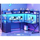 SEDETA L Shaped Gaming Desk with Storage Shelves, Hutch, Drawers | Convertible 94.5" Computer Desk with Power Outlet, LED Lights, Pegboard, Corner Gaming Table for Home Office, Black