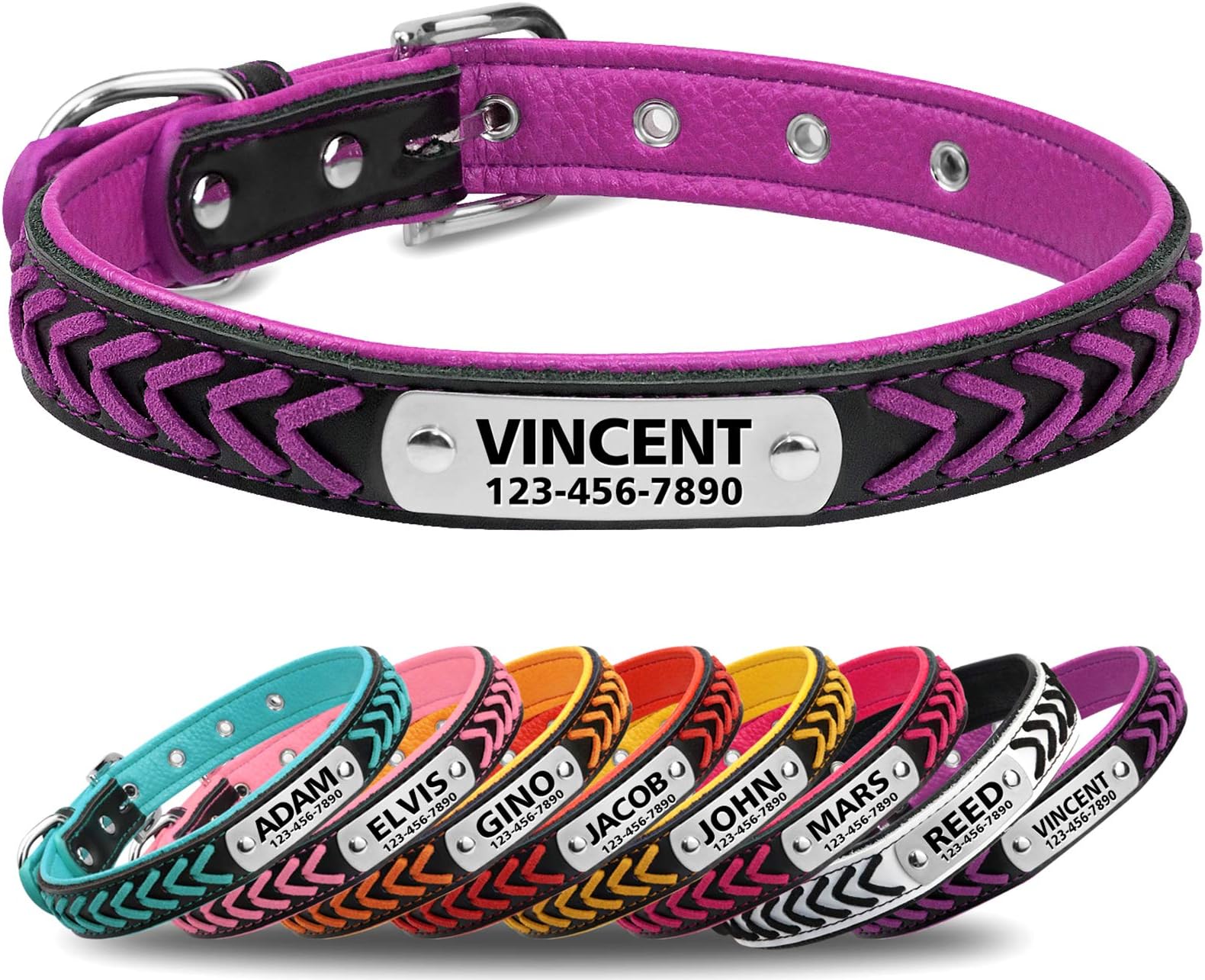 Vcalabashor Personalised Leather Dog Collar,Stainless Steel Nameplate Engraved with Name and Phone Number,Violet Medium