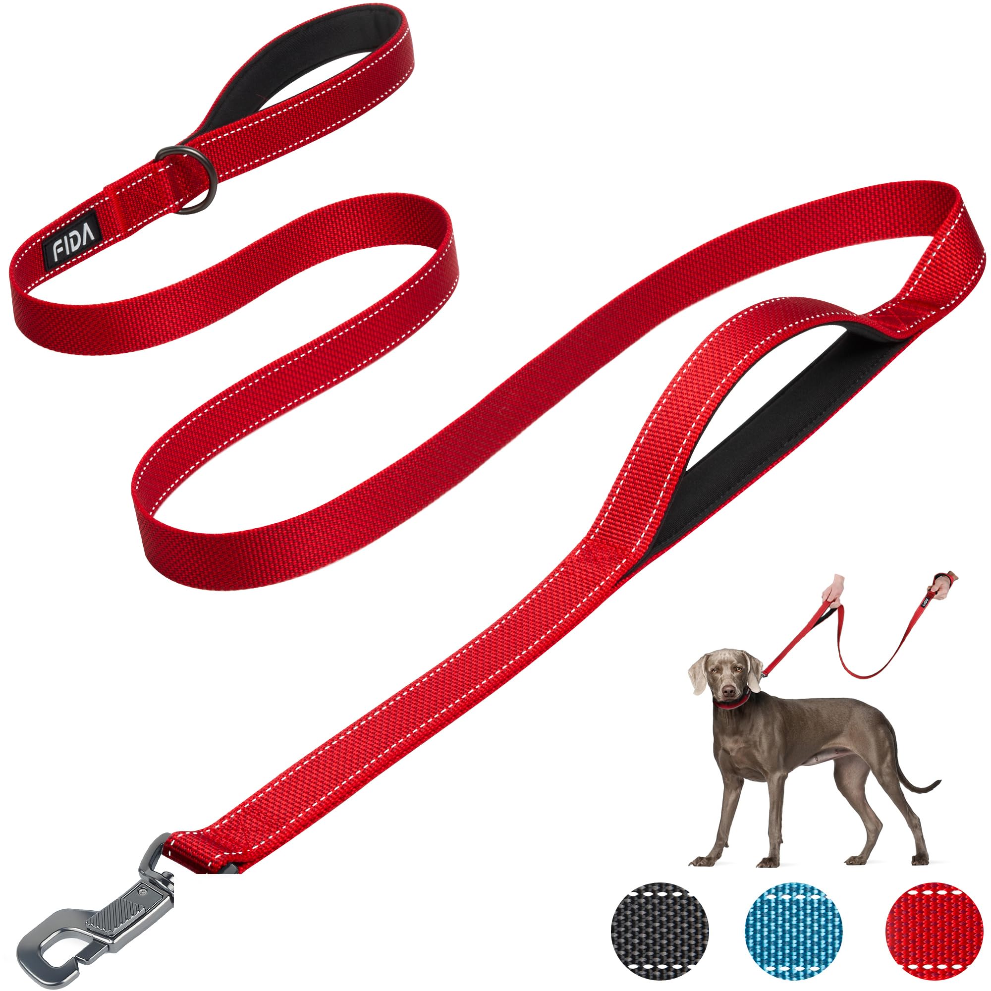 Fida Heavy Duty Dog Leads for Medium/Large Dogs, 1.8M / 6FT Traffic Handle & Advanced Hook for More Control, Reflective Dog Lead for Daily Walking & Training (Red)