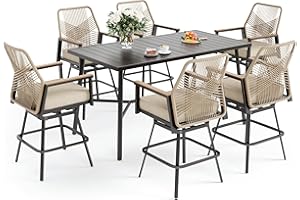 SUNSHINE VALLEY Patio Bar Set 7 Piece, All Weather Rattan Swivel Stools with Waterproof Cushion, 40” Height Metal Bar Table, Outdoor High Top Table and Chairs for Backyard Lawn