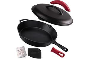 Cast Iron Skillet with Lid - 12"-inch Pre-Seasoned Covered Frying Pan Set + Silicone Handle & Lid Holders + Scraper/Cleaner -