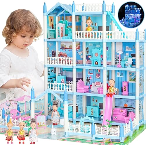 Stories Big Doll House 7-8, Dream Dollhouse with Furniture Accessories,  Dolls, Lights, Toddler Doll Houses for 4-5 Years Old Girls Boys Pretend
