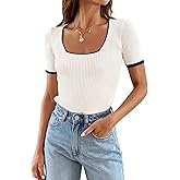 ZESICA Women's Short Sleeve Square Neck Color Block T Shirt 2026 Summer Slim Fit Ribbed Knit Basic Tee Tops