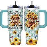 Highland Cow Tumbler with Handle - 40oz Stainless Steel Travel Mug Insulated Coffee Cup, Highland Cow Gifts for Women, Birthday Gifts for Women Cows Lovers, Cow Print Stuff (with Lid and Straw)