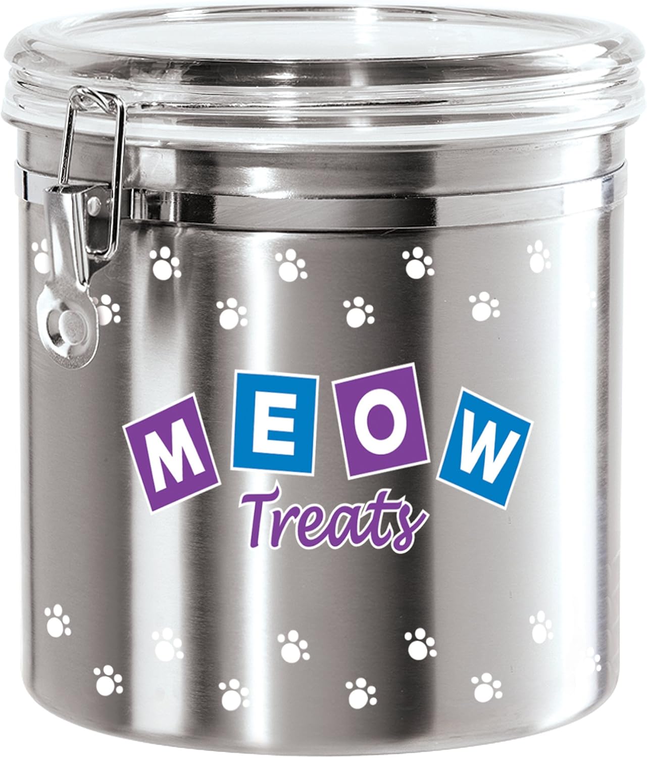 Oggi Jumbo Airtight Stainless Steel Pet Treat Canister with Meow Treats Motif-Clear Acrylic Flip-Top Lid and Locking Clamp Closure, 130 oz, Silver