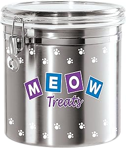 Oggi Jumbo Airtight Stainless Steel Pet Treat Canister with Meow Treats Motif-Clear Acrylic Flip-Top Lid and Locking Clamp Closure, 130 oz, Silver