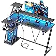 Korfile 47 Inch Gaming Desk with LED Lights & Power Outlet, L Shaped Computer Desk with Storage Shelves, Gamer Workstations with Monitor Stand for Bedroom, Carbon Fiber Black