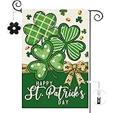 Baccessor St Patricks Day Garden Flag 12.5 x 18 Inch, Shamrocks Clover Bow Lucky Double Sided Burlap Welcome Small Yard Flag Holiday Lawn Proch Outdoor Outside Decor