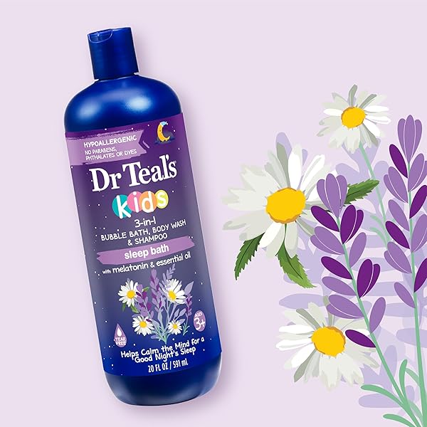 DR TEAL’S KIDS 3-IN-1 SLEEP BATH: BUBBLE BATH, BODY WASH & SHAMPOO WITH MELATONIN & ESSENTIAL OIL, 20 FL OZ (PACK OF 3)