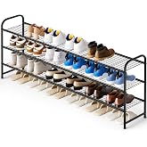 KEETDY 3-Tier Long Shoe Rack for Closet Metal Shoe Organizer for Entryway, Wide Stackable Shoe Storage Shelf with Sturdy Wire Grid for Closet Floor, Bedroom, Black