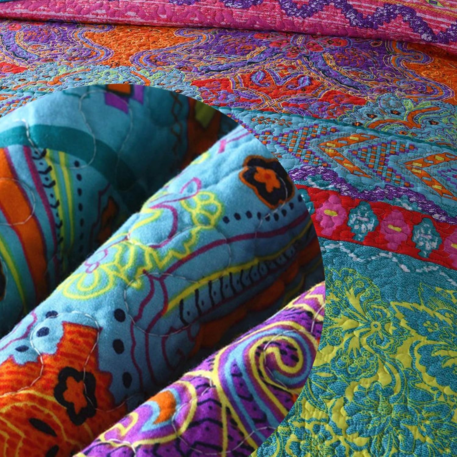 Qucover Quilted Bedspreads Double Size 220 x 240 cm, Reversible Bohemian Bedspread with 2 Pillowcases - Image 4