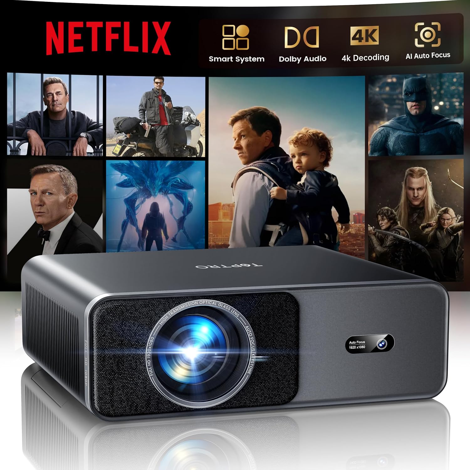 TOPTRO Smart Projector 4K (WiFi6, Bluetooth, Auto Focus)
