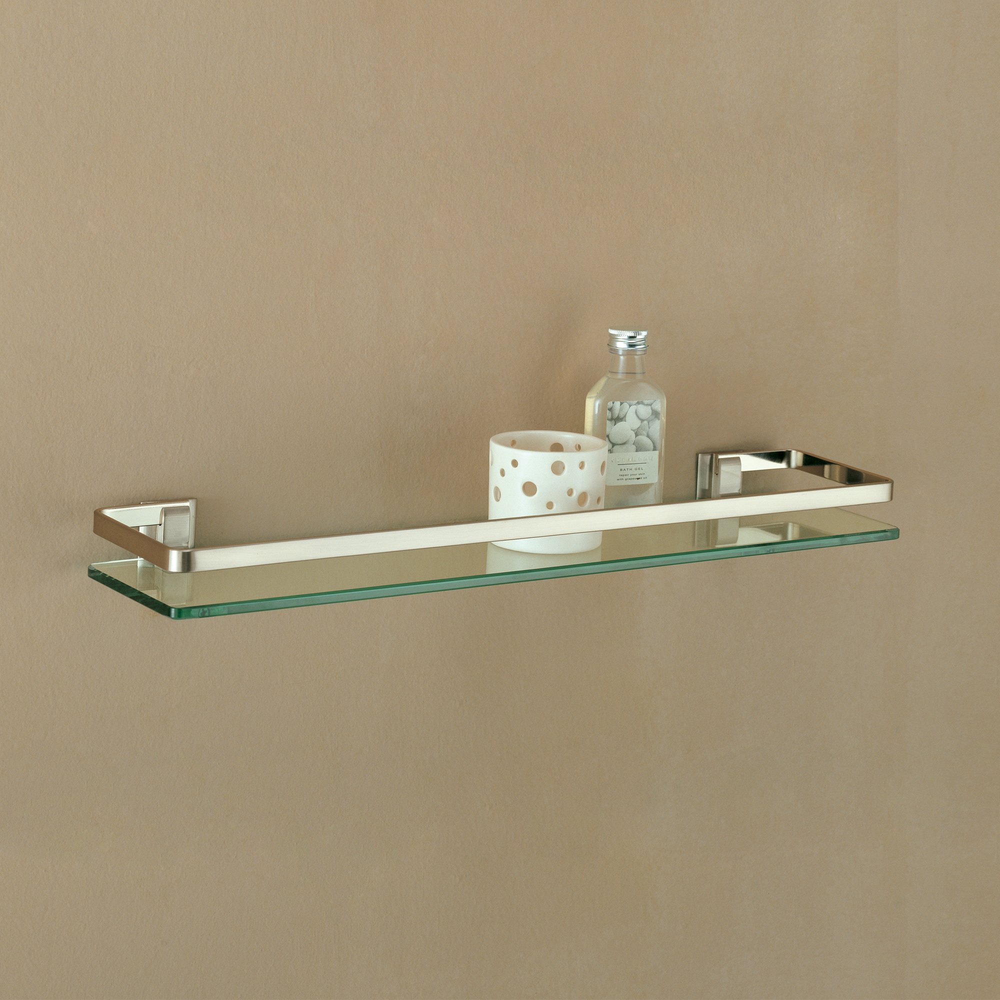 Organize It All Wall Mounting Glass Shelf with Nickle Finish and Rail