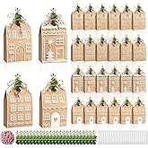 Geyoga 24 Set Small Christmas Gingerbread House Gift Bags with 24 Eucalyptus 24 Suncatcher Paint Pens and Twine Mini Kraft Gingerbread Gift Bags Kit Craft Bag for Party Favor Boxes Wrapping