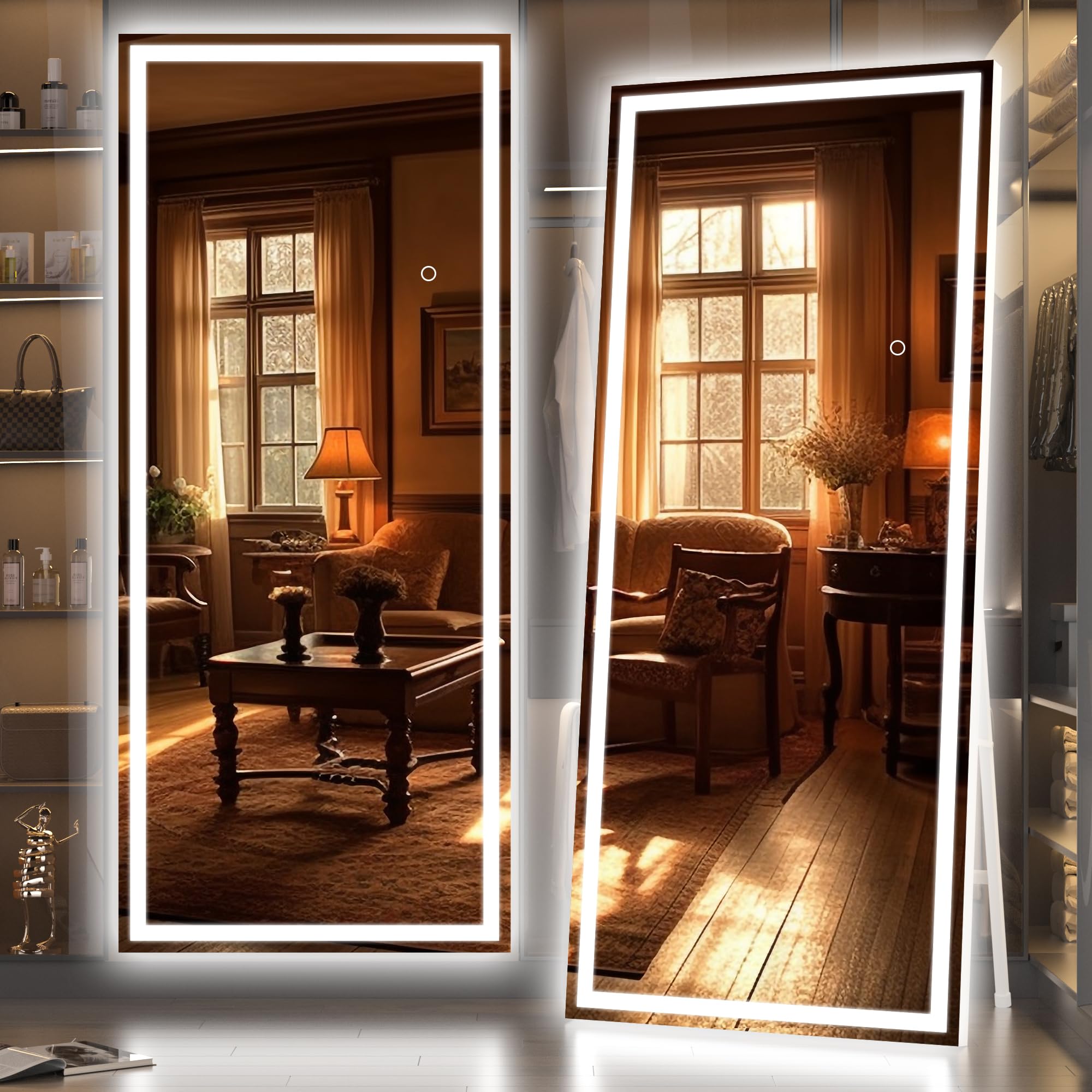 Photo 1 of Hasipu Full Length Mirror with Lights, 71" x 24" LED Lighted Floor Standing, Full Body Dressing Hanging Mounted Mirror, Dimmable, Tempered Glass, Safe to Use, Square White