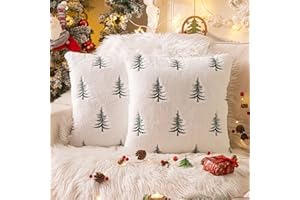 Christmas Tree Green Throw Pillow Covers 18x18, Soft Faux Fur Embroidered Throw Pillows for Couch Sofa Cushion Covers Holiday