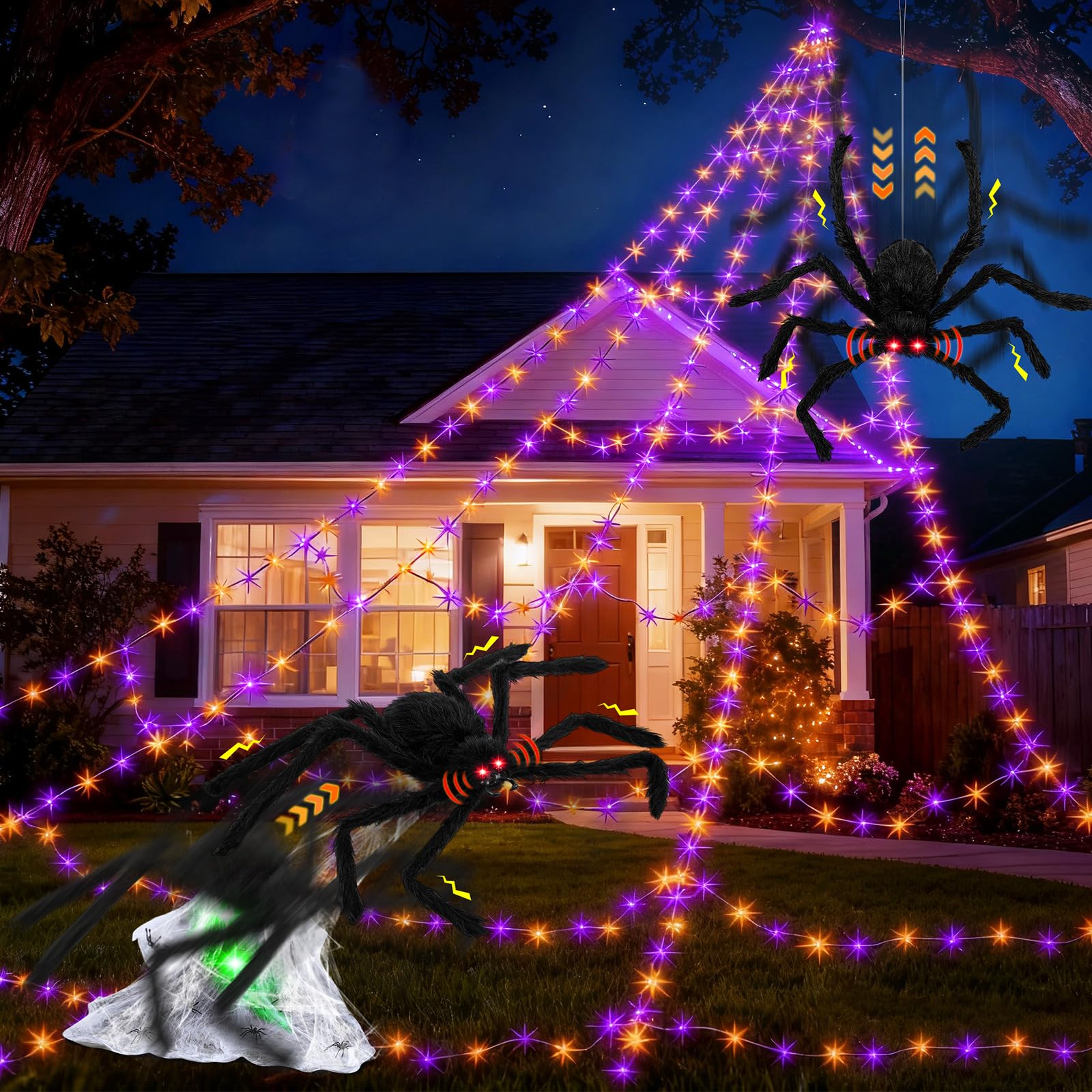 Photo 1 of 3 Pack Halloween Spider Animated Jumping Set Outdoor Light up Dropping Spider Web with 8 Lighting Animatronic Halloween Animatronics Decorations for Yard, Garden Party Hanging Decor