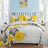 Yellow Comforter Set Queen Size, Yellow Floral Pattern Printed on Light Grey, Soft Microfiber 7 Pieces Bed in a Bag (1 Comforter, 2 Pillow Shams, 1 Flat Sheet, 1 Fitted Sheet, 2 Pillowcases)