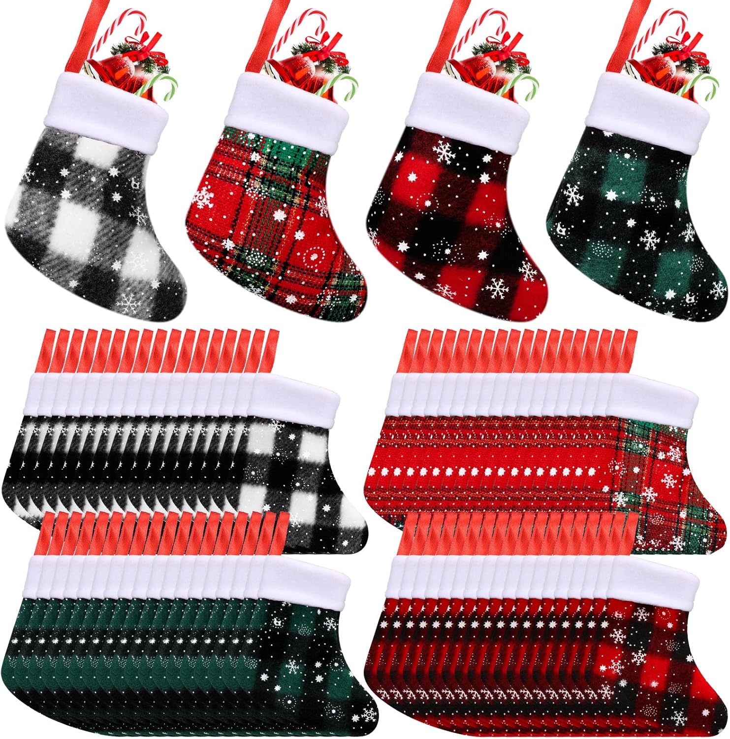 Stockings & Holders - Mini Christmas Stockings Buffalo Plaid Snowflake Stockings with Plush Cuff Christmas Socks Bulk for Christmas Tree Hanging Ornaments Xmas Table Dinnerware Decor (60 Pcs)