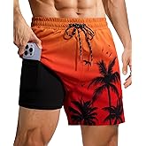 Gleeease 4inch Mens Swim Trunks: with Compression Liner Zipper Pocket Drawstring Quick Dry Stretch Lined Palm Tree Beach Pool