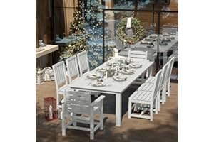 Patio Kingdom 9-Piece Outdoor Dining Set for 8, 75.2'' HDPE Table with Umbrella Hole & Chairs, Weather-Resistant Patio Furniture for Lawn, Yard, Balcony, Deck (White)